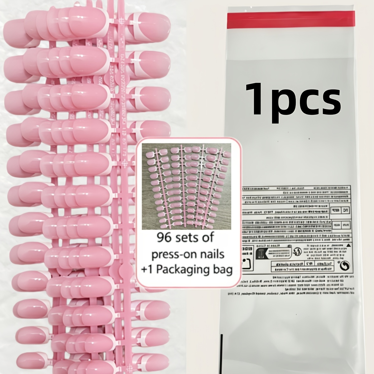 TEMU Ensemble de 97 pièces : 96 faux ongles à pression et 1 sac de rangement - Combinaison rose et blanche, style carré court - Couverture complète -