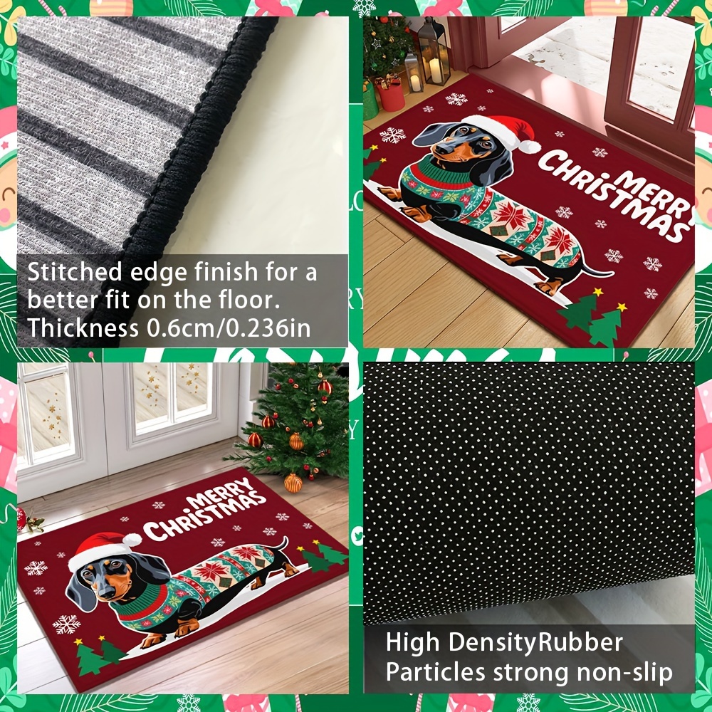 christmas dachshund welcome doormat non slip machine washable polyester mat with rubber backing lightweight washable braided rectangle floor mat for home bathroom balcony festive dog with santa hat holiday decor details 4