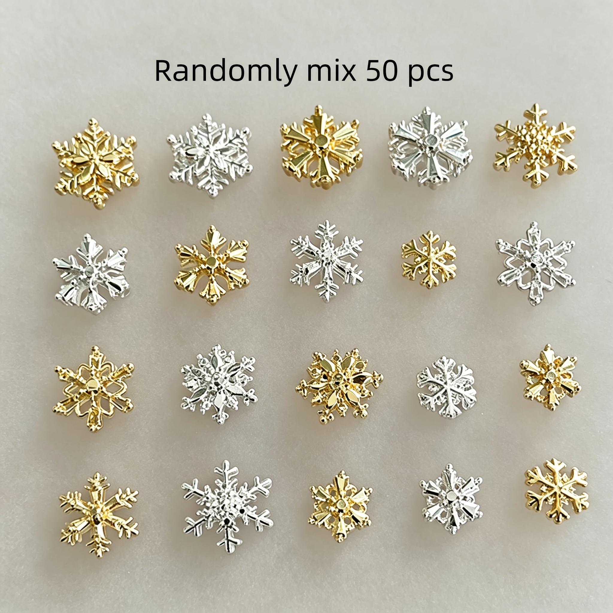 TEMU Mix 50pcs Golden And Silvery Snowflake Flat Bottom Alloy Nail Charms, Suitable For Winter And Christmas Nail Decoration, For Earrings, Rings,