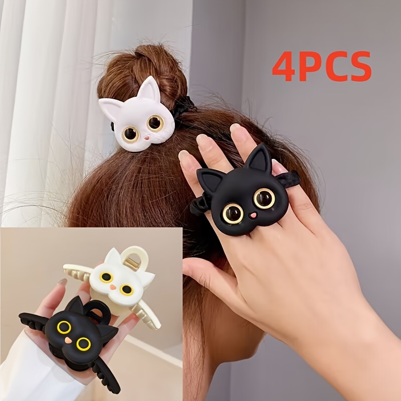 TEMU 4-piece Large Black & White Cat Hair Claw Clips And Hair Tie Set For Women, Cute Headwear Plastic Resin Hair Accessories, Perfect For Holiday Party Casual Daily Wear, Ideal Gifts For Her