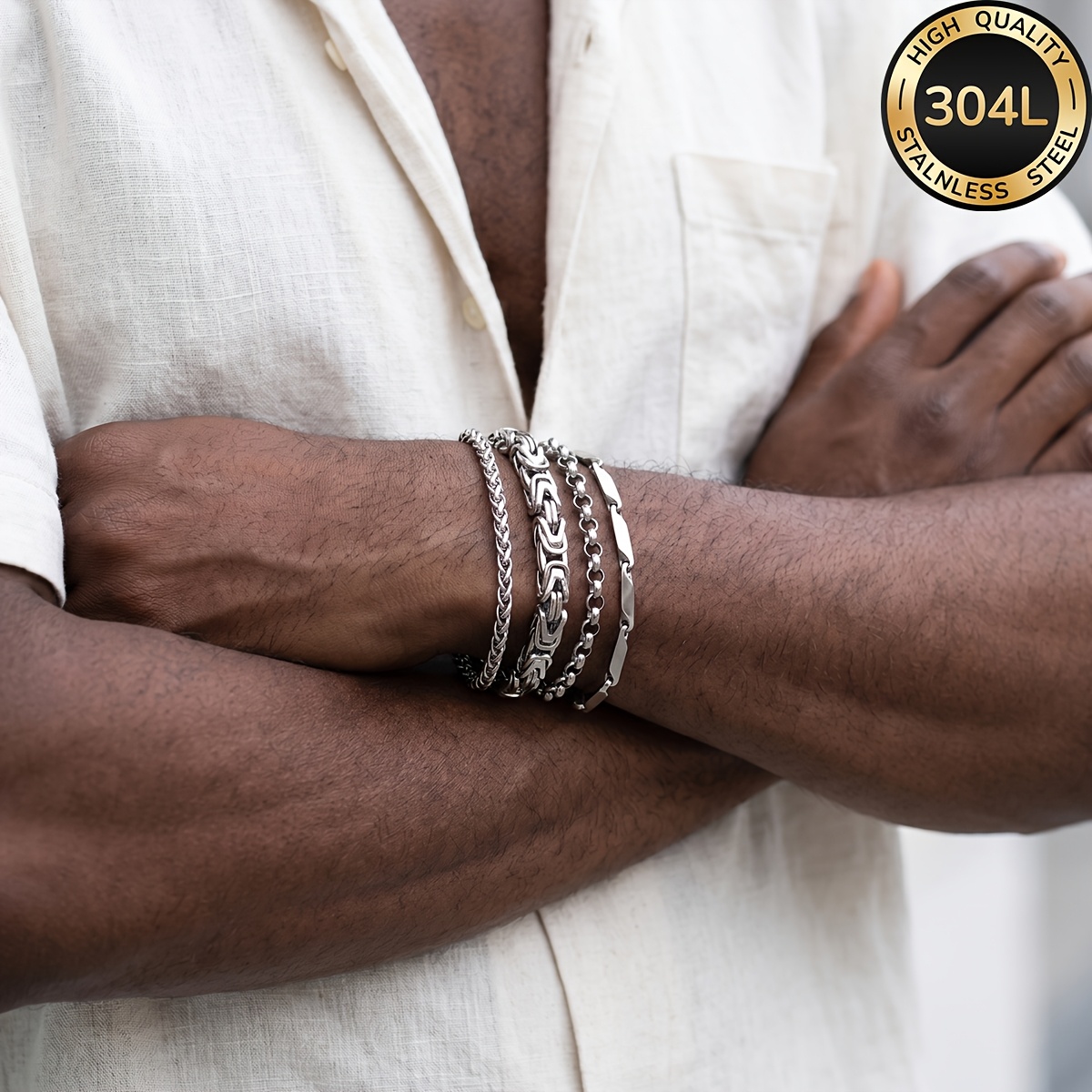 TEMU 4pcs Of 304l Stainless Steel Bracelet, Waterproof And Non-fading, Men's Jewelry Set, Fashionable Jewelry, Suitable For Daily Wear, Perfect For