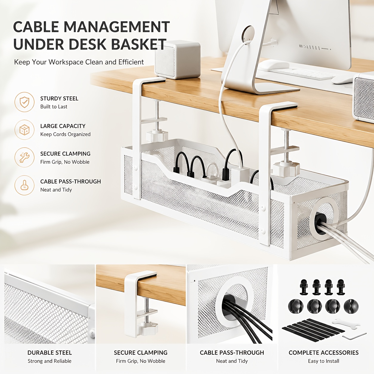 TEMU Under Desk Cable Organizer, Heavy Duty Metal Wire Basket Cable Manager With Adjustable Clamp, No Drill Installation, Power Cord Storage Rack,