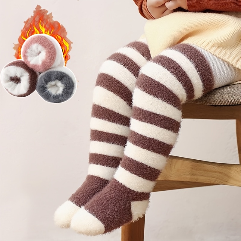 Image of 1 Pair & Toddler Thermal Winter Warm Knee-high Socks With Striped Leg Warmers - Nylon For Cold Weather, Hand Wash Only, Fall & Winter Clothing For & (1-pair Pack)