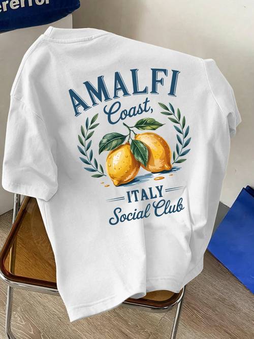 mens round neck short sleeve t shirt featuring amalfi italian lemon print vacation casual wear comfortable soft breathable and a summer essential