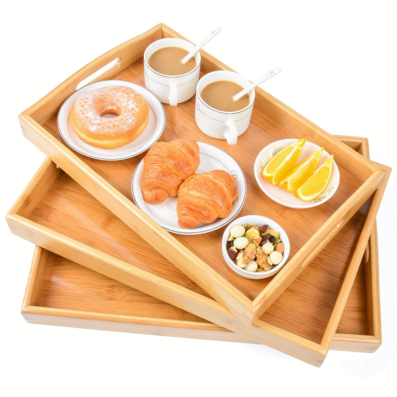 TEMU Bamboo 3 Pack Serving Tray Rustic Wooden Serving Trays Kitchen Food Tray With Handle -rectangular Platters For Entertaining, Breakfast, Coffee