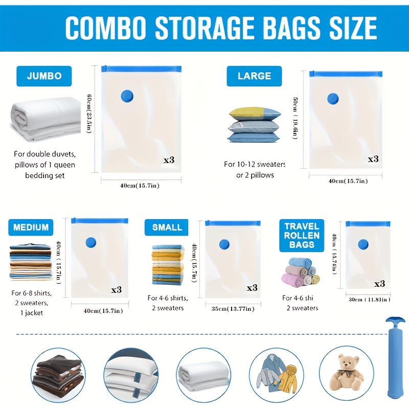 Image of 15-pack Reusable Vacuum Storage Bags, Assorted Sizes S+m+l+xl+xxl, Plastic Rectangular Space- Bags For Clothes, Pillows, Comforters, Duvets, Etc., Versatile, Quick & Convenient