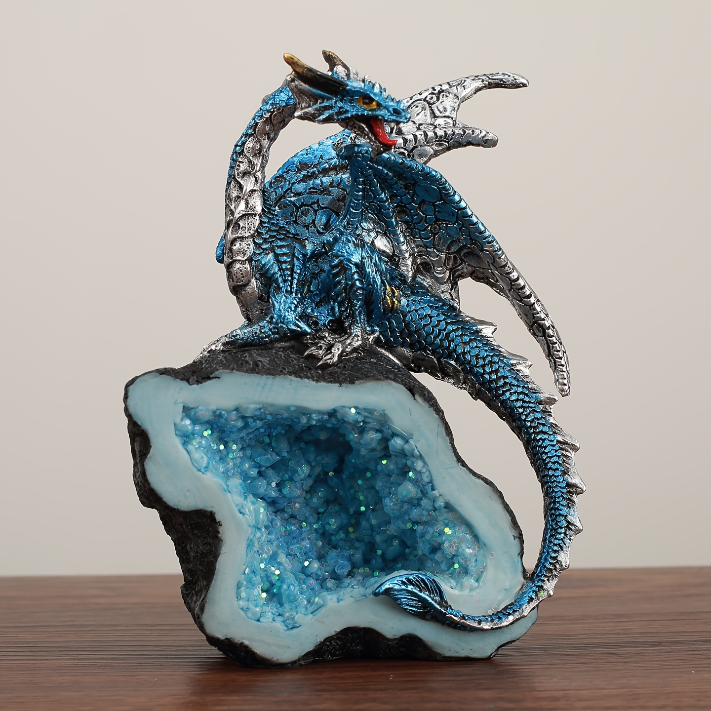TEMU Handcrafted Fantasy Dragon Sculpture With Crystal Geode Base, Premium Resin Mythical Dragon Statue, Gothic Decor Collectible Figurine