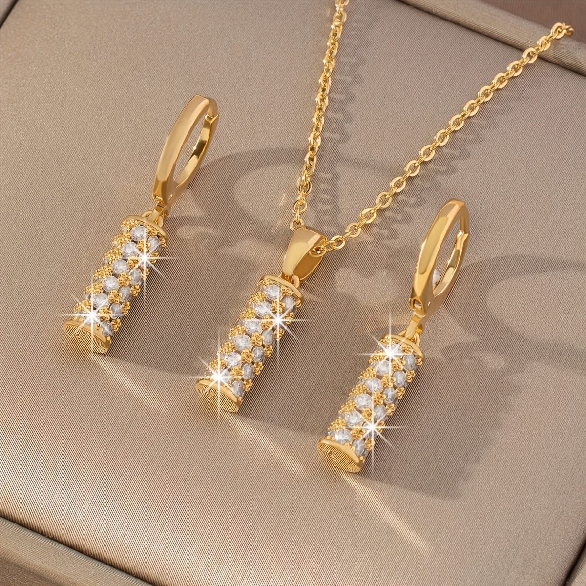 TEMU 3pcs/set Luxury Synthetic Zirconia-embellished Copper Cylinder Pendant Earrings And Necklace Set Elegant Drop Collarbone Chain For Women's Bridal Wedding Jewelry