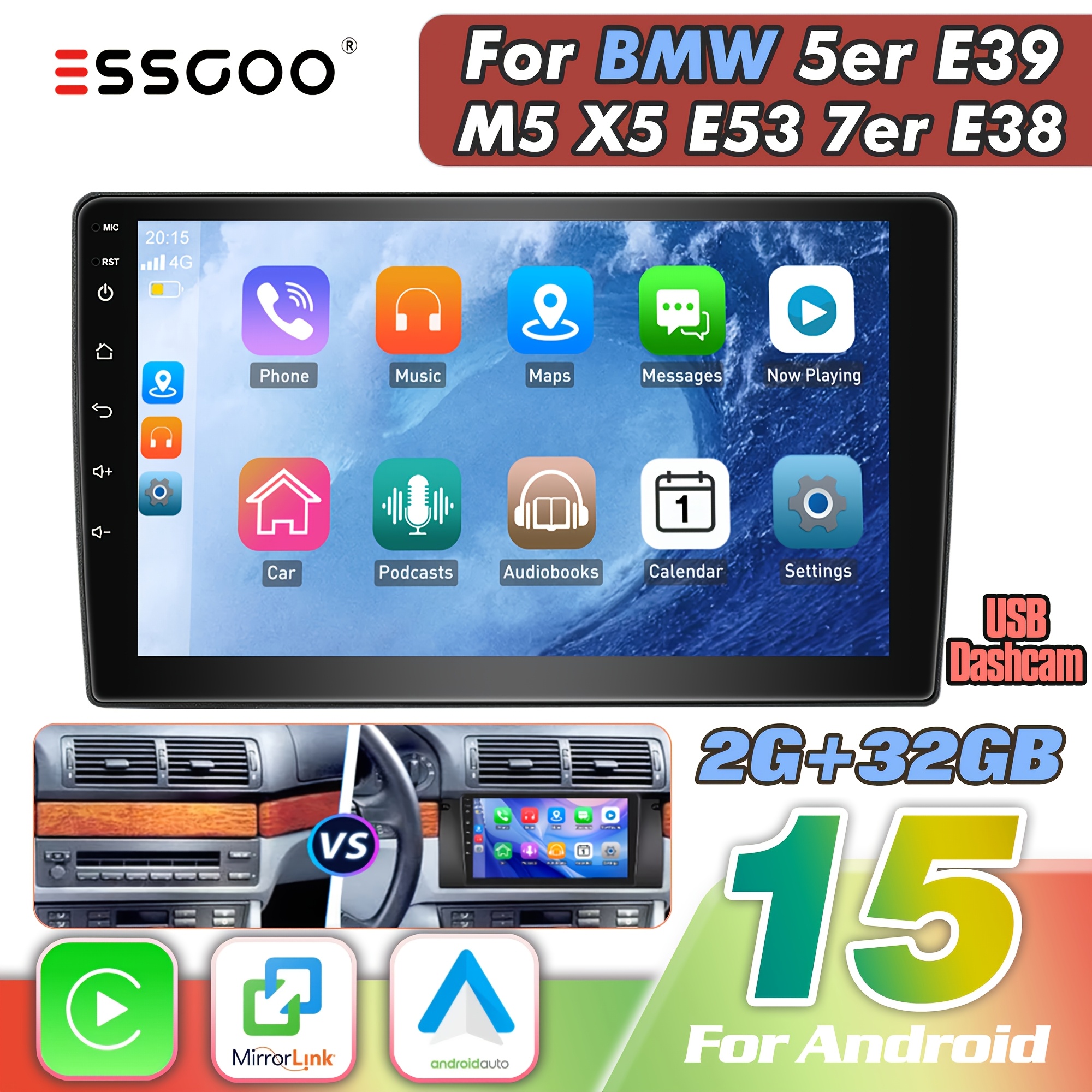 Essgoo 15 Upgrade Kit For E39/x5 E53/ E38 | 9-inch Ips Touchscreen With Integrated Frame | 2+32gb Memory | & Auto | Gps Navigation & Display | Asp Sound System | Supports