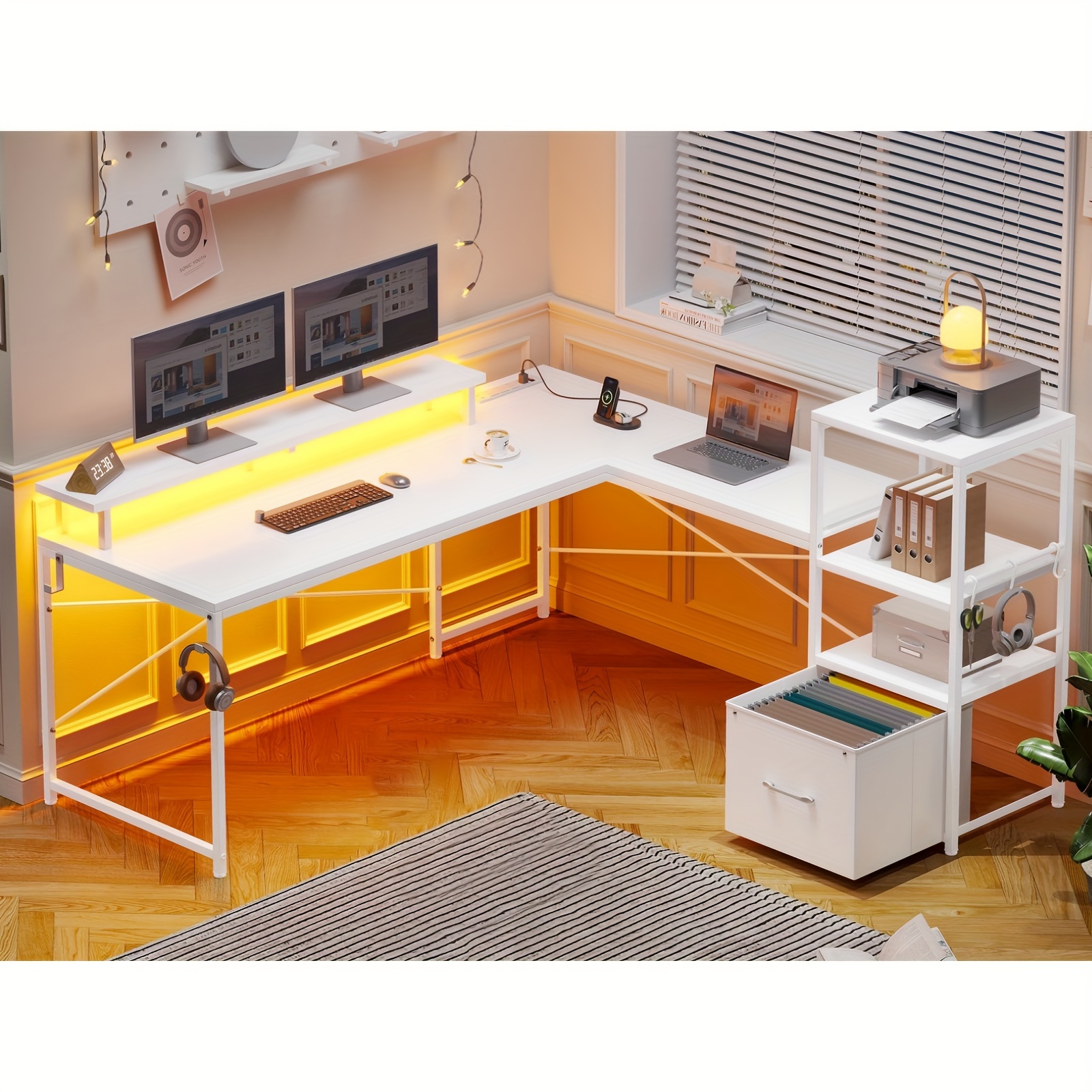 TEMU L Shaped Desk With Monitor Stand & Charging Station, Gaming Desk With Led Lights & Shelves, White