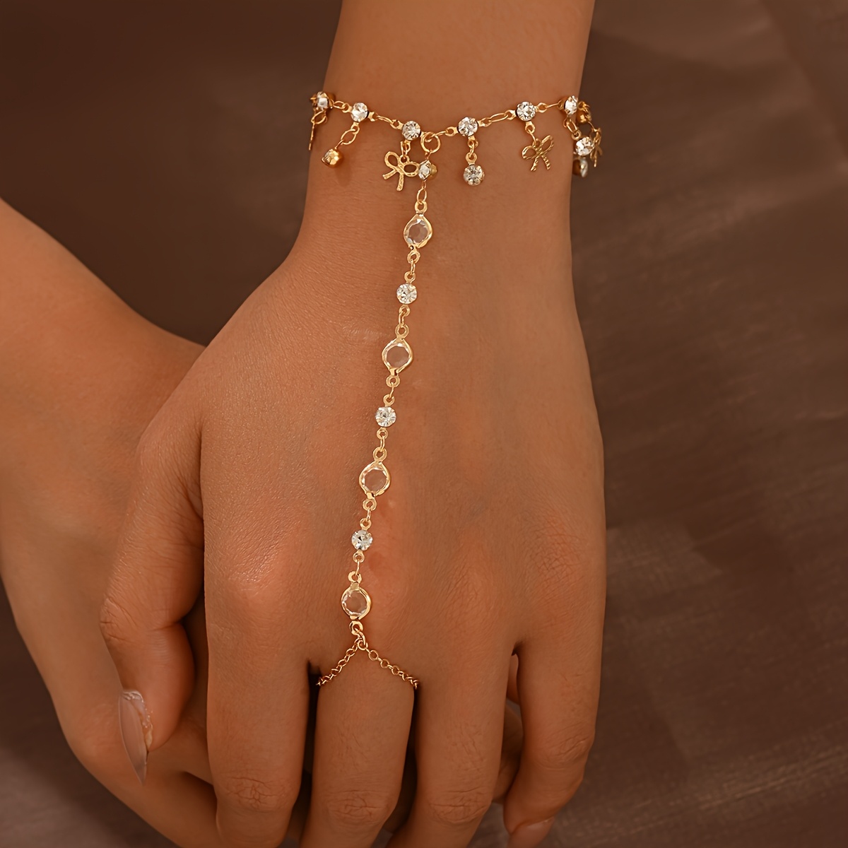 1pc Bow Charm Hand Harness Bracelet For Women, Dainty Sparkling Beaded Link Chain With Ring, Elegant Statement Jewelry