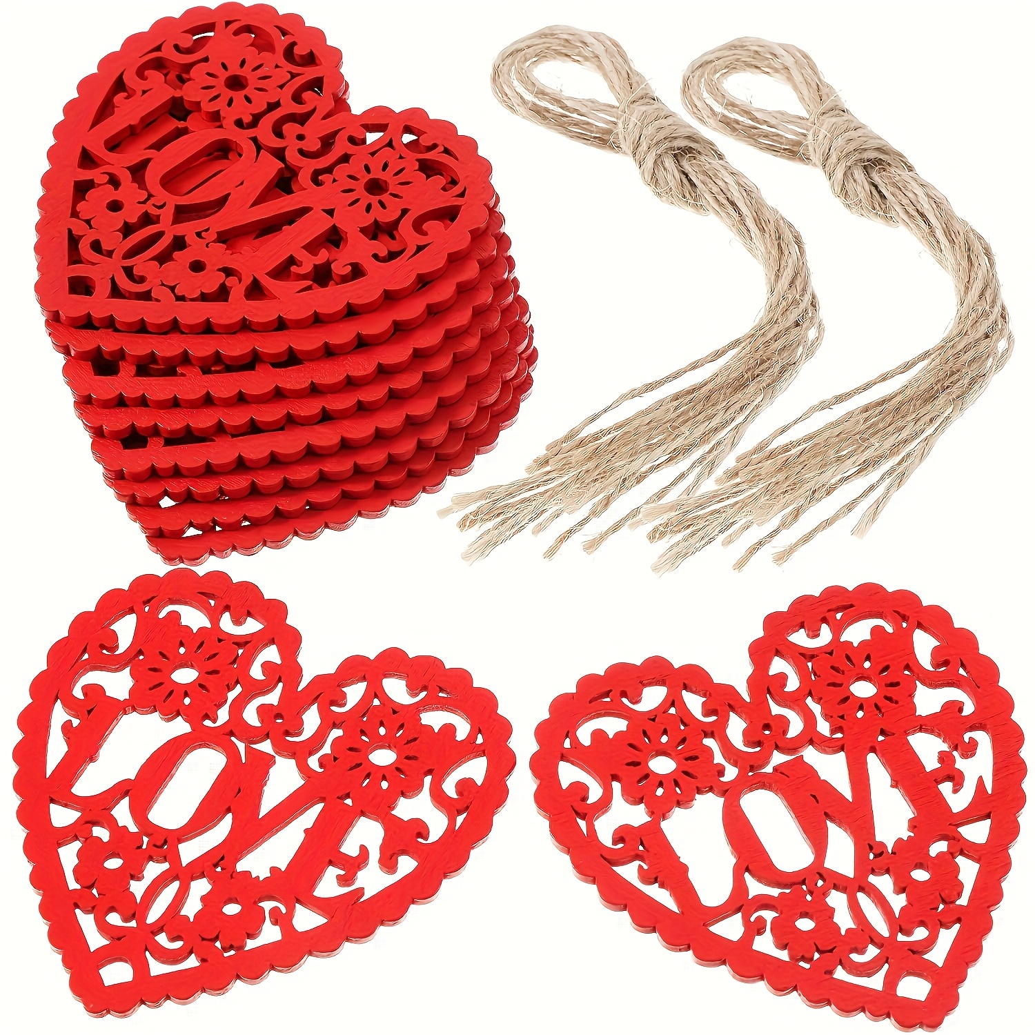 

24pcs Valentine Day Heart Shaped Wooden Embellishments Wood Hearts Ornament Hanging Crafts With For Valentine's Day Wedding Party