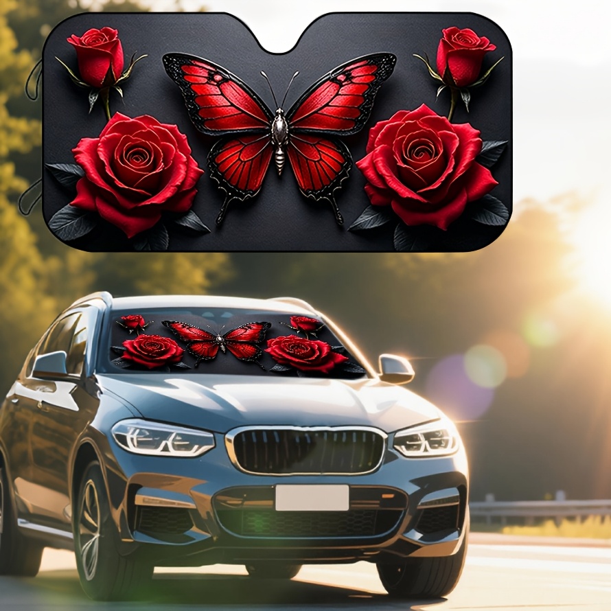 TEMU 1pc Red Rose And Pattern Car Windshield Sunshade, Exquisite Design Sun Protection And Heat Insulation, Effectively Block Ultraviolet , Privacy,