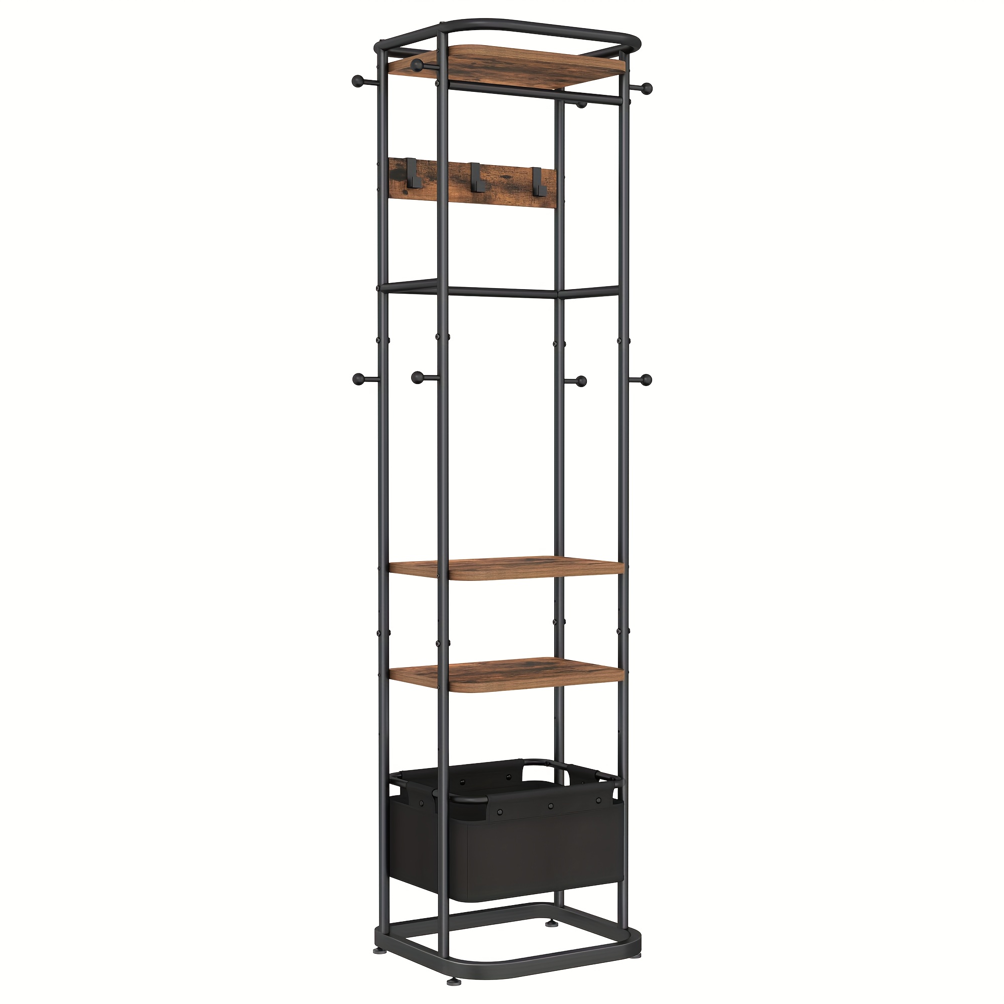 Coat Rack, Clothes Rack With Large Storage Basket, Coat Rack With 3 Shelves And 11 Hooks, 40 X 44.5 X 182cm, For Bedroom, Hallway, Entrance Area, Living Room, Brown And Black