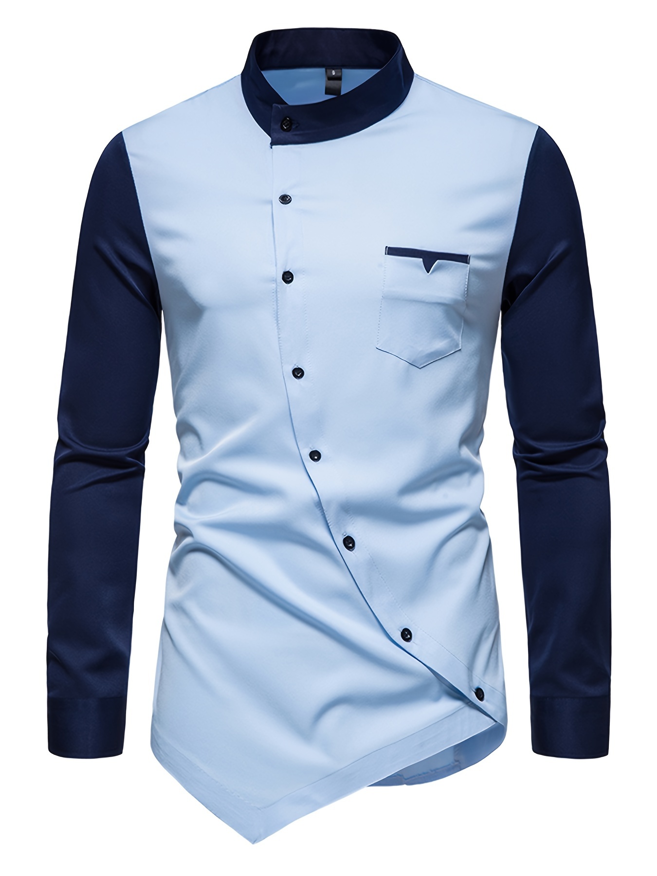 Color: Blue European Size Youth Foreign Trade Slant Button Irregular Color Block Henry Collar High-End Shirt