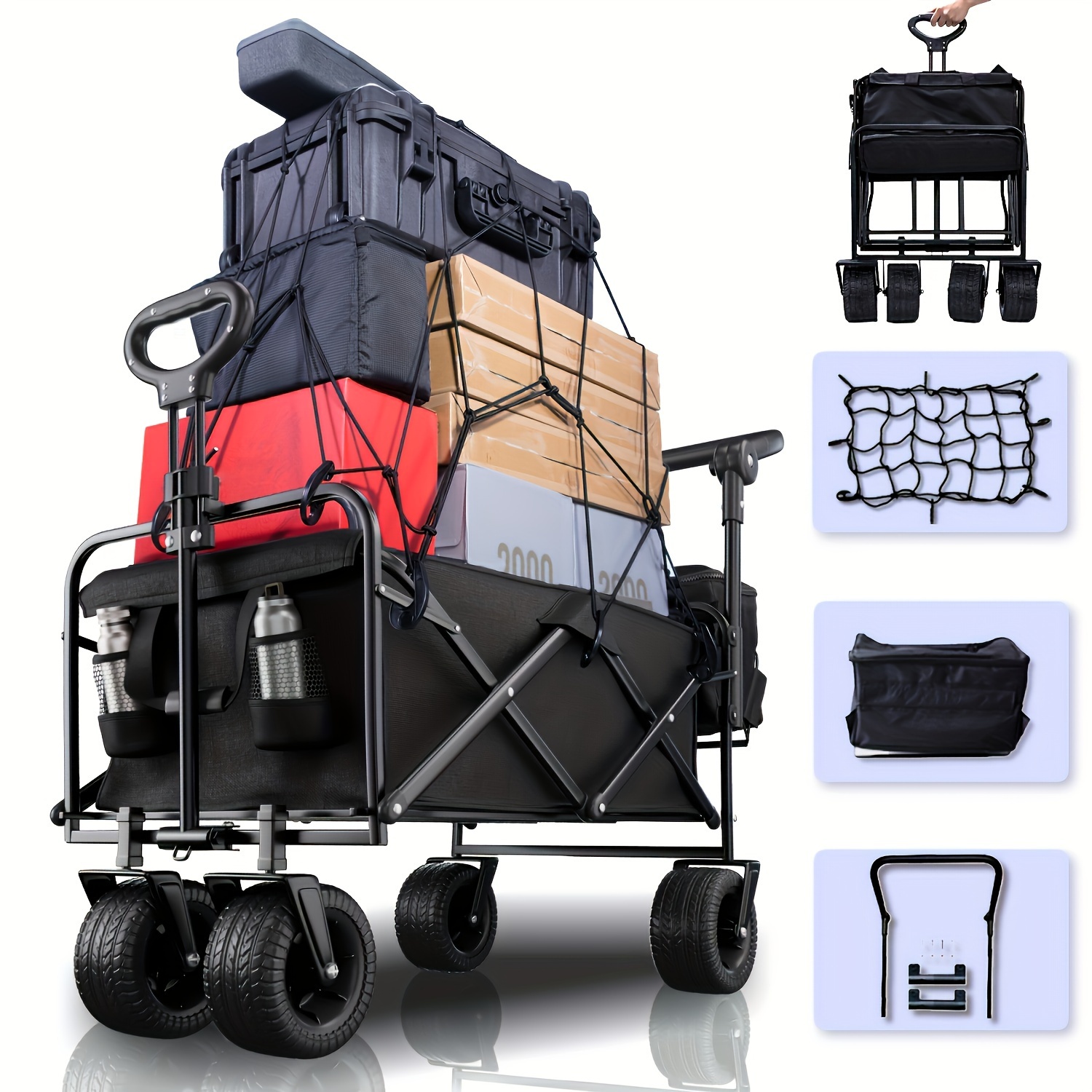 

4pc Collapsible Wagon Cart With Extra Bag, And Strong Net, 330lbs Heavy Duty Wagon With Wheels For Shopping, Camping, Picnic, Sports