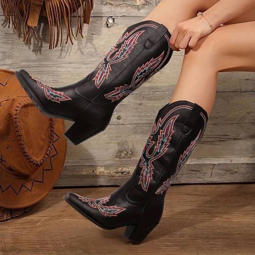 knee high boots for women featuring embroidery chunky heels and a pull casual outdoor wear cowgirl style pointed toe retro dress parties daily commutes music festivals halloween vacations and western themed events