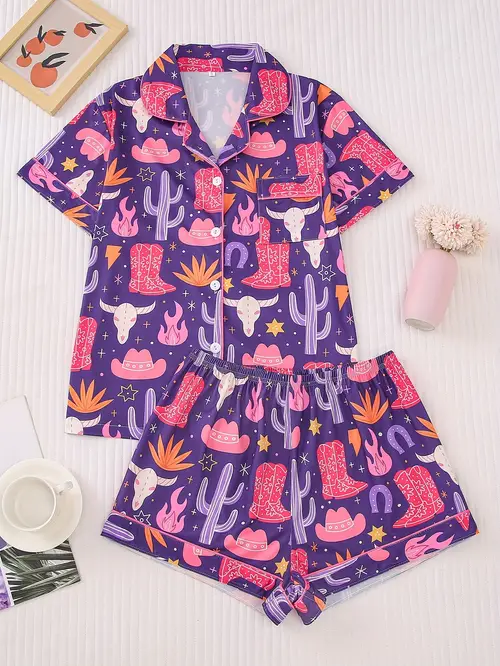 ladies two piece elegant polyester pajama set short sleeved button top matching shorts pocket details and full body print knitted fabric suitable for couples and adults pajama set