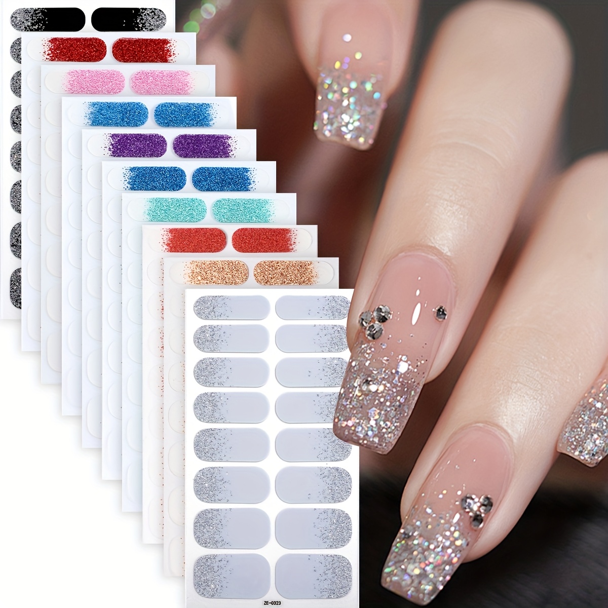 Image of 10 Sheets Solid Glitter Nail Polish Strips, Self-adhesive, , Shimmery, Unscented, Fantasy Theme, Single Use, For Women's, Nail Art Supplies, Travel Nail Stickers