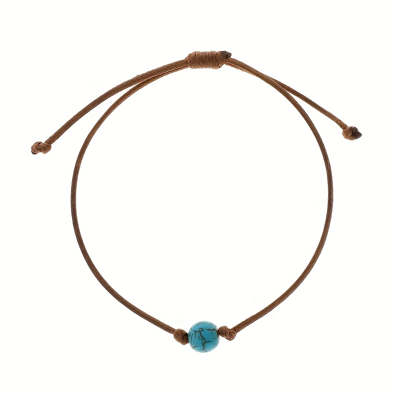 Men's Turquoise Beaded Bracelet Rustic Brown Cord Stone Adjustable Knot