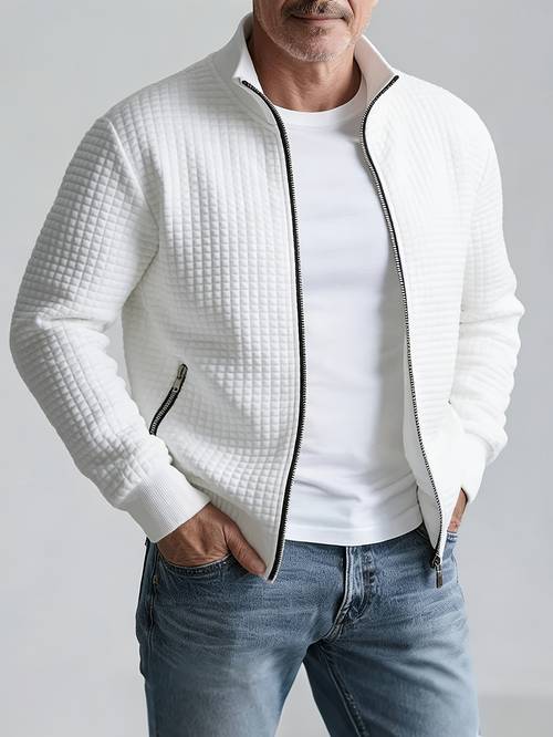 mens fashion jacket stand up collar zipper shirt spring and autumn waffle pattern jacquard fabric ribbed long sleeved jacket