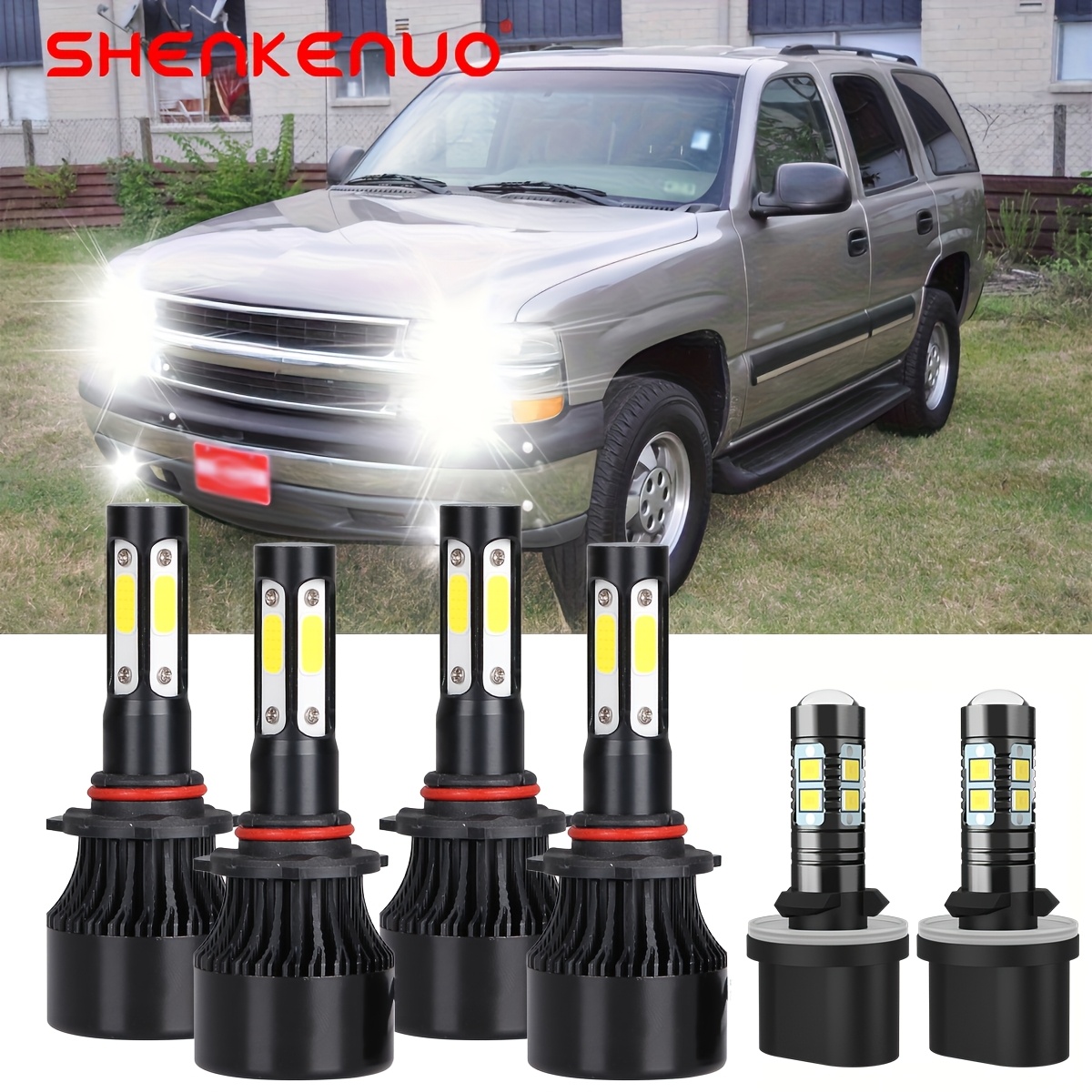 TEMU For Chevy 2000-2006 6pcs 6000k 120000lm Led Headlight High Low Beam+fog Light Bulbs Kit, White Plug And Play, Without Battery