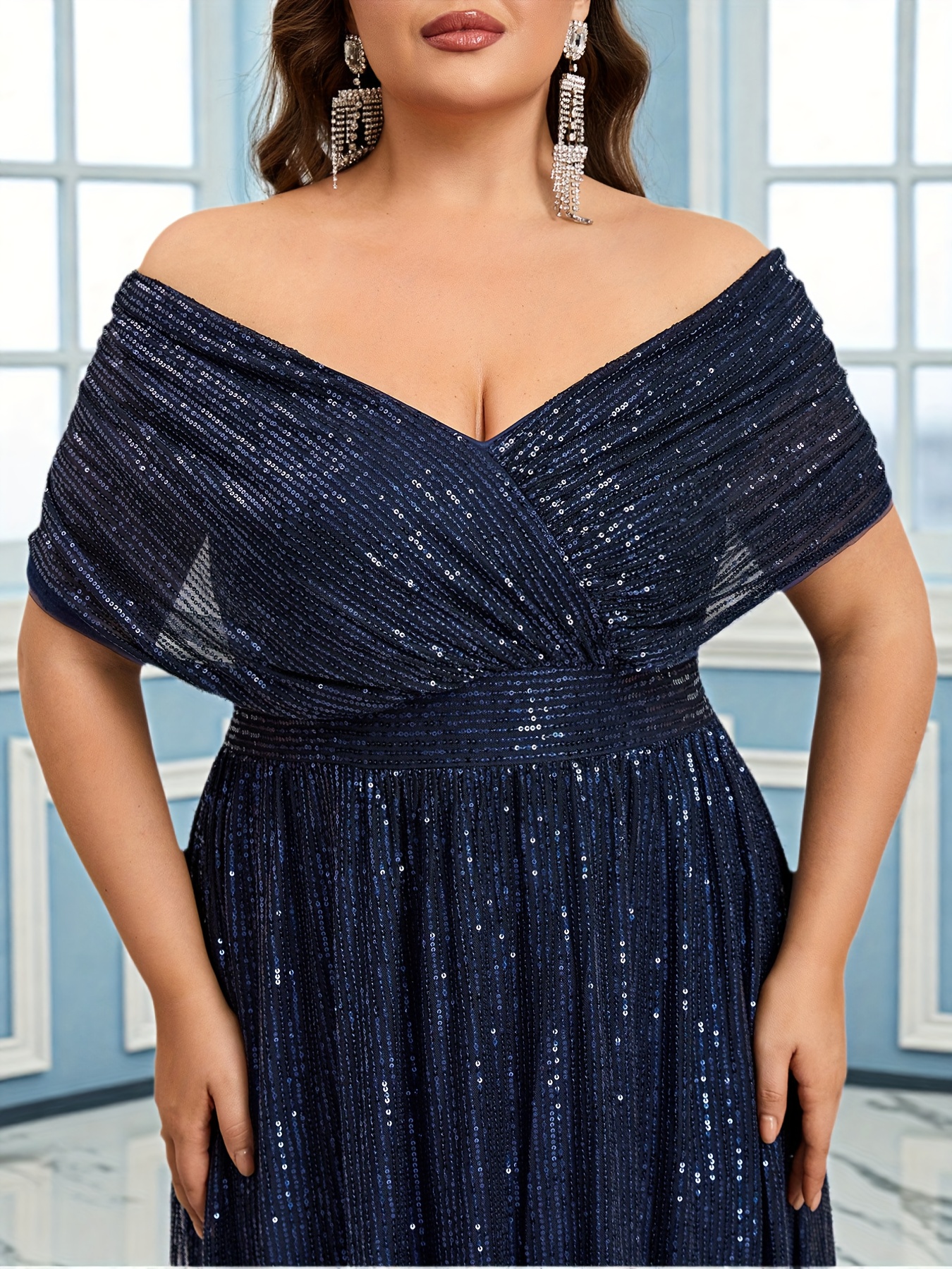knee length dresses for ladies Large Seated Fat Lady With Dark Blue Floral Dress