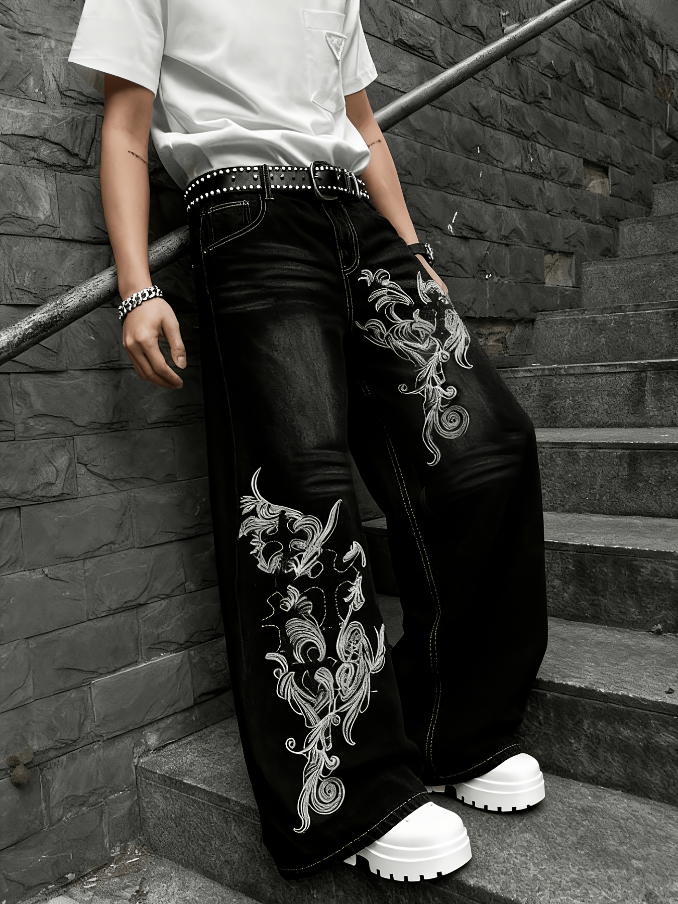 mens distressed washed black oversized wide leg pants white - Temu Republic  of Korea