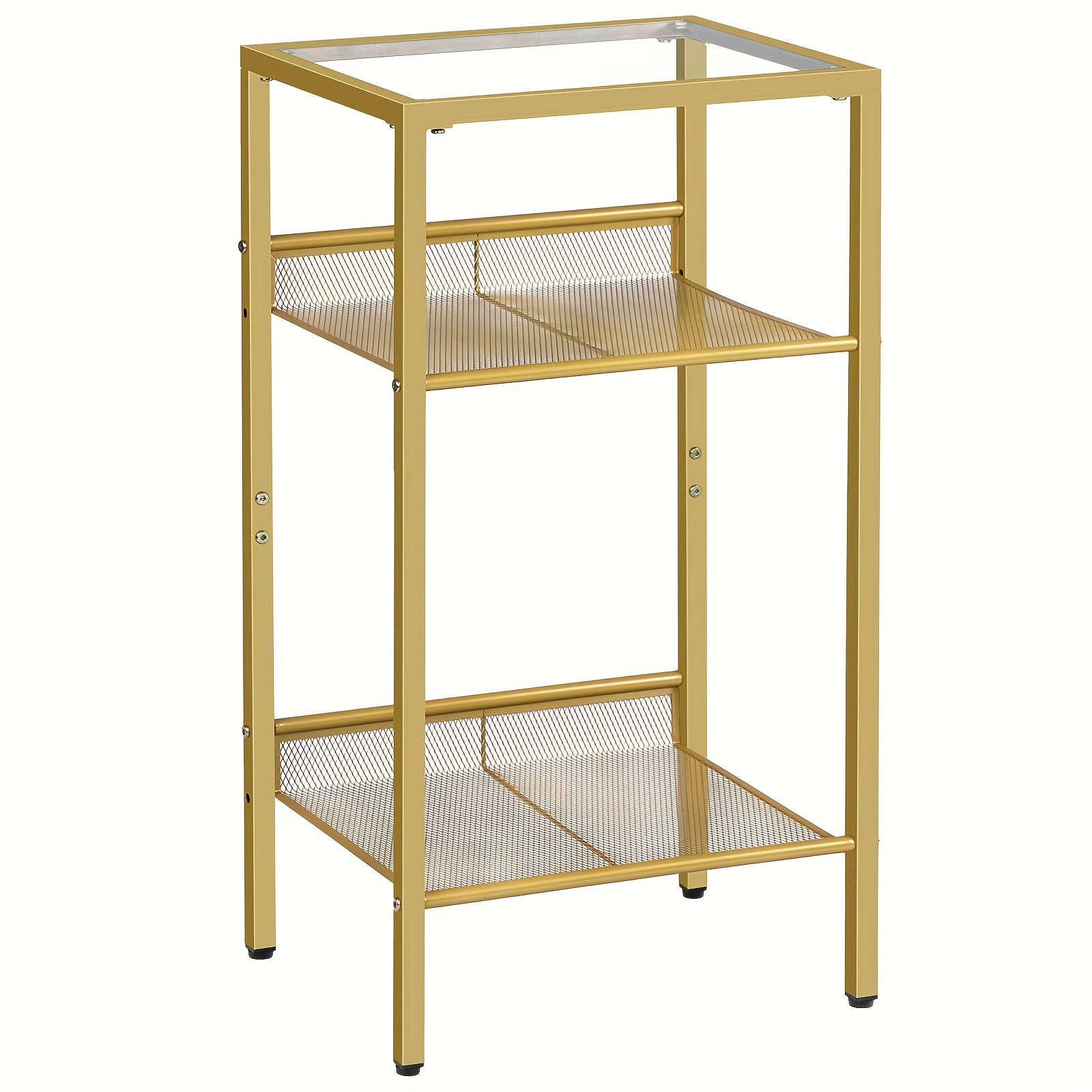 Three-tier Side Table, Coffee Table, With Tempered Glass Top, Grid Design, Easy To Assemble, Sofa Side Table, Suitable For Living Room, Bedroom, Office, Golden