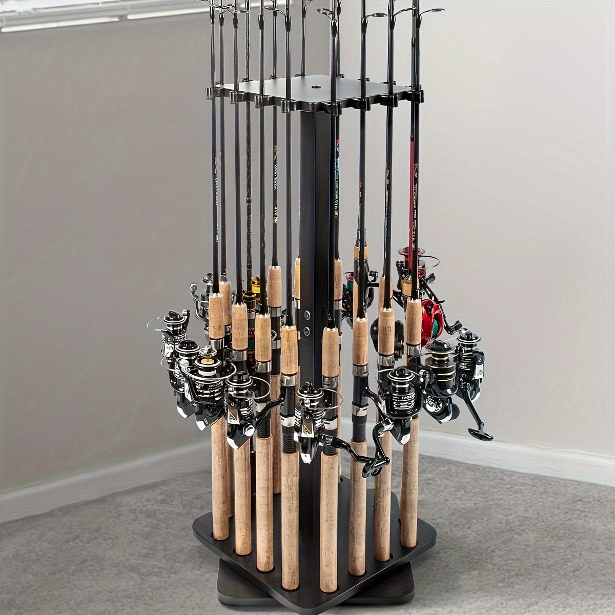 

[] Ghosthorn 360° Rotating Fishing Rod Holder - Sturdy Black Wood Floor Stand, To 16 Rods, Ideal Garage Organizer & Gift For For Christmas, Valentine's, New Year, Father's Day, Fishing Rod Storage