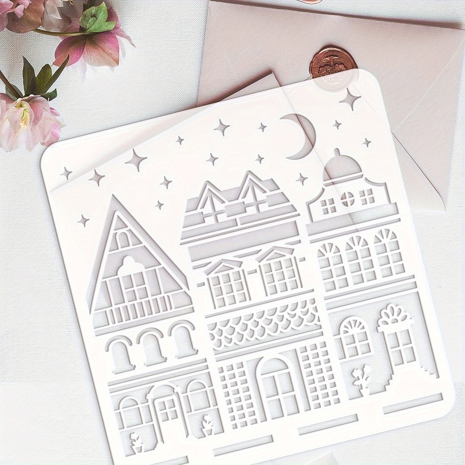 

1pc Fancy Houses Painting Stencil 11.8x11.8 Inch Hollow Out Moon Star Drawing Stencil Reusable Stencils Template For Wall, Photo Album, Canvas Bag, Cabinet