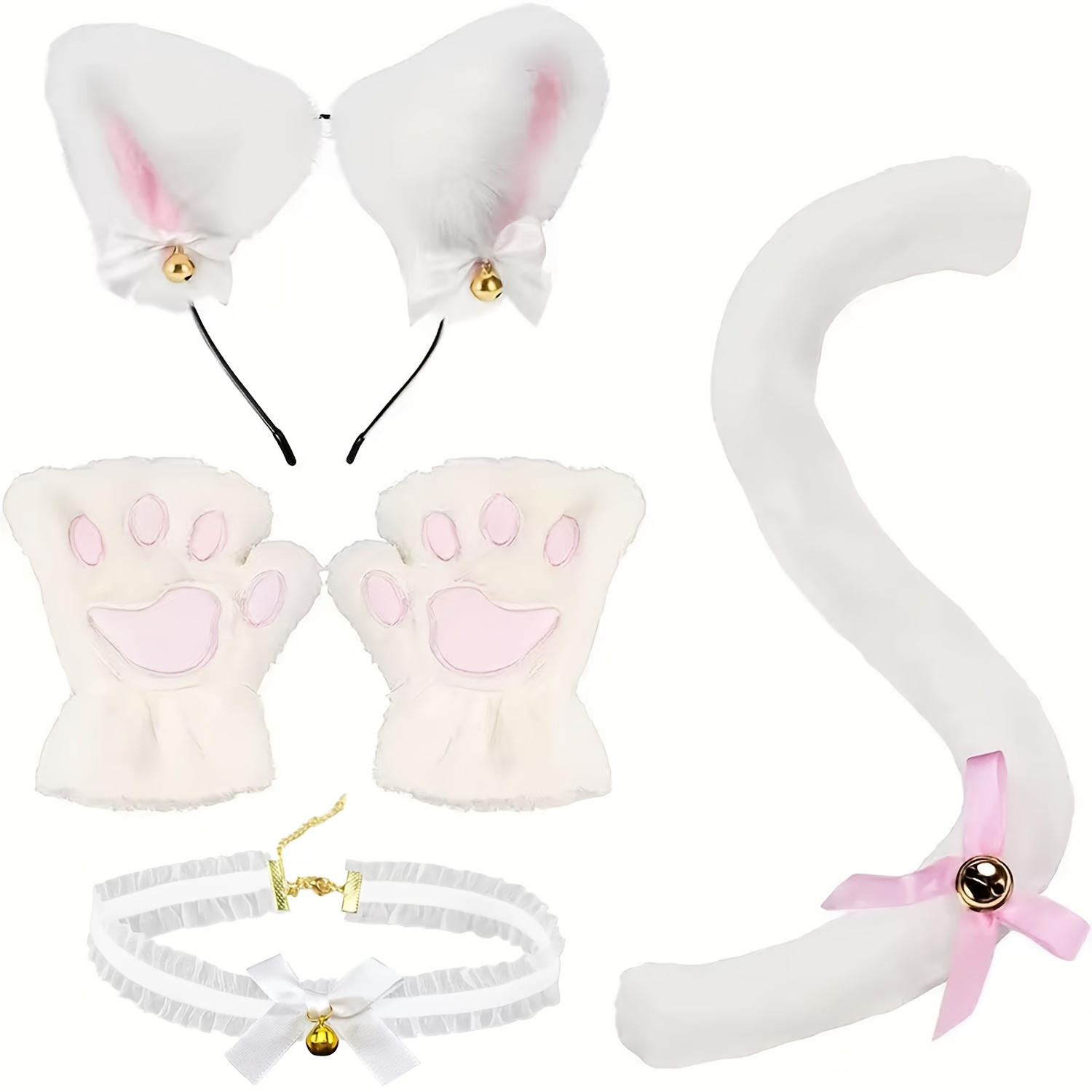 TEMU 5pcs White Cat Dressing Additions, Including Cat Ear Headbands, Necklaces, Tails, Gloves, Suitable For Carnival, Halloween And Birthday Parties,