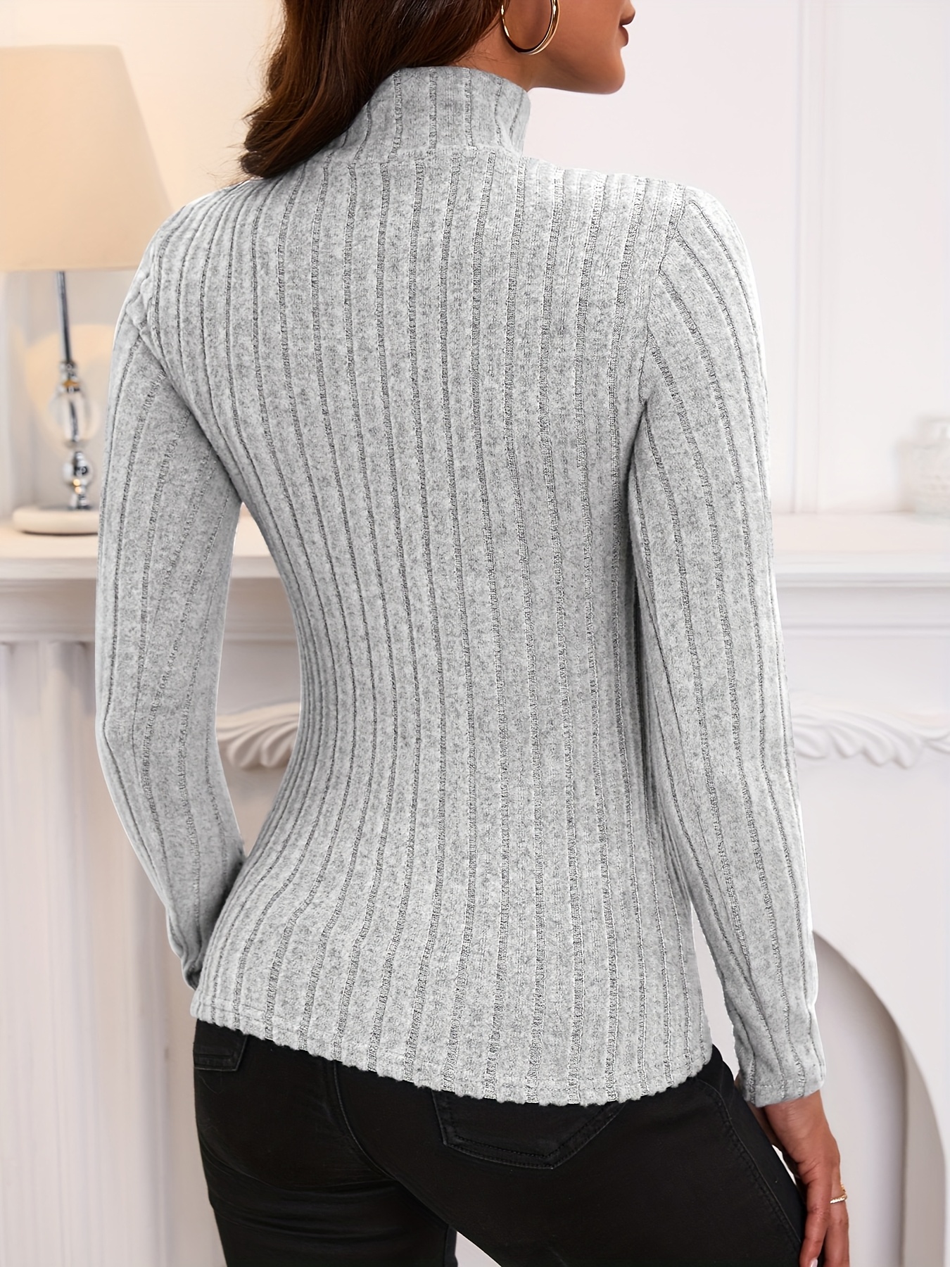 Solid Turtle Neck Rib Knit Top, Elegant Slim Long Sleeve Simple Sweater, Women's Clothing