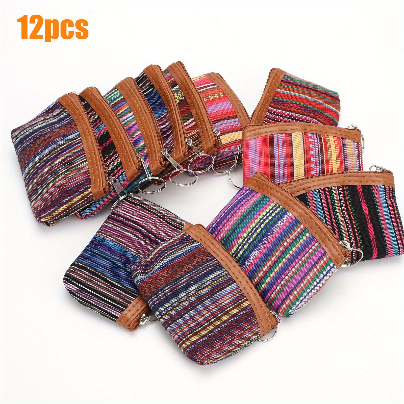 TEMU Set Of 12 Ethnic-inspired Fabric Coin Bags, Versatile Women's Fashion Accessory Featuring Key Rings, Perfect Vibrant Gift For Festivals, Compact