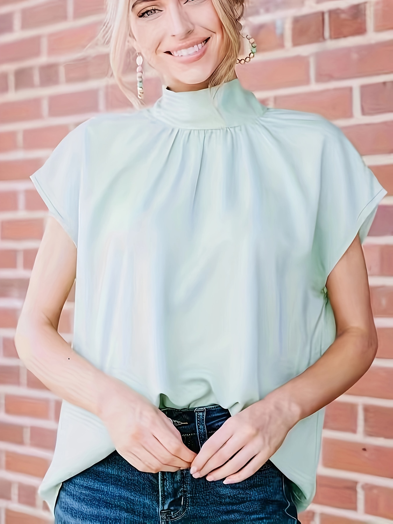 Mock Neck Tie Back Blouse Casual Blouse Spring Summer - Temu