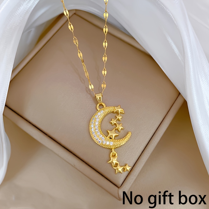 TEMU Collana con ciondolo a stella e luna in acciaio inossidabile con zirconi sintetici, adatta per l'uso da come regalo di gioielli per le feste