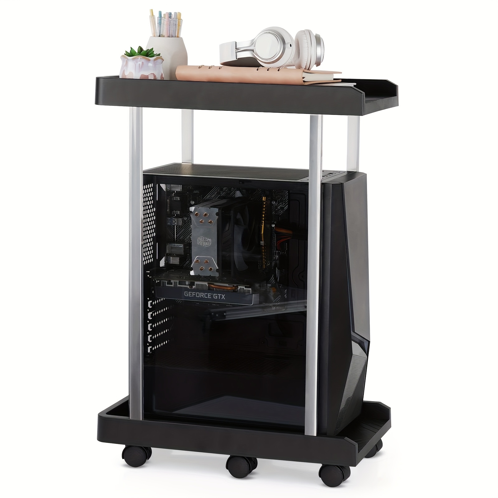 Computer Tower Stand, Pc Stand With 2 Of Cpu Stand And 6 Locking Feet Wheels Suitable For Most Pcs, Office Double Layer Printer Tower Stand With Wheels Desktop Case Storage Stand With Mobile Cpu Stand