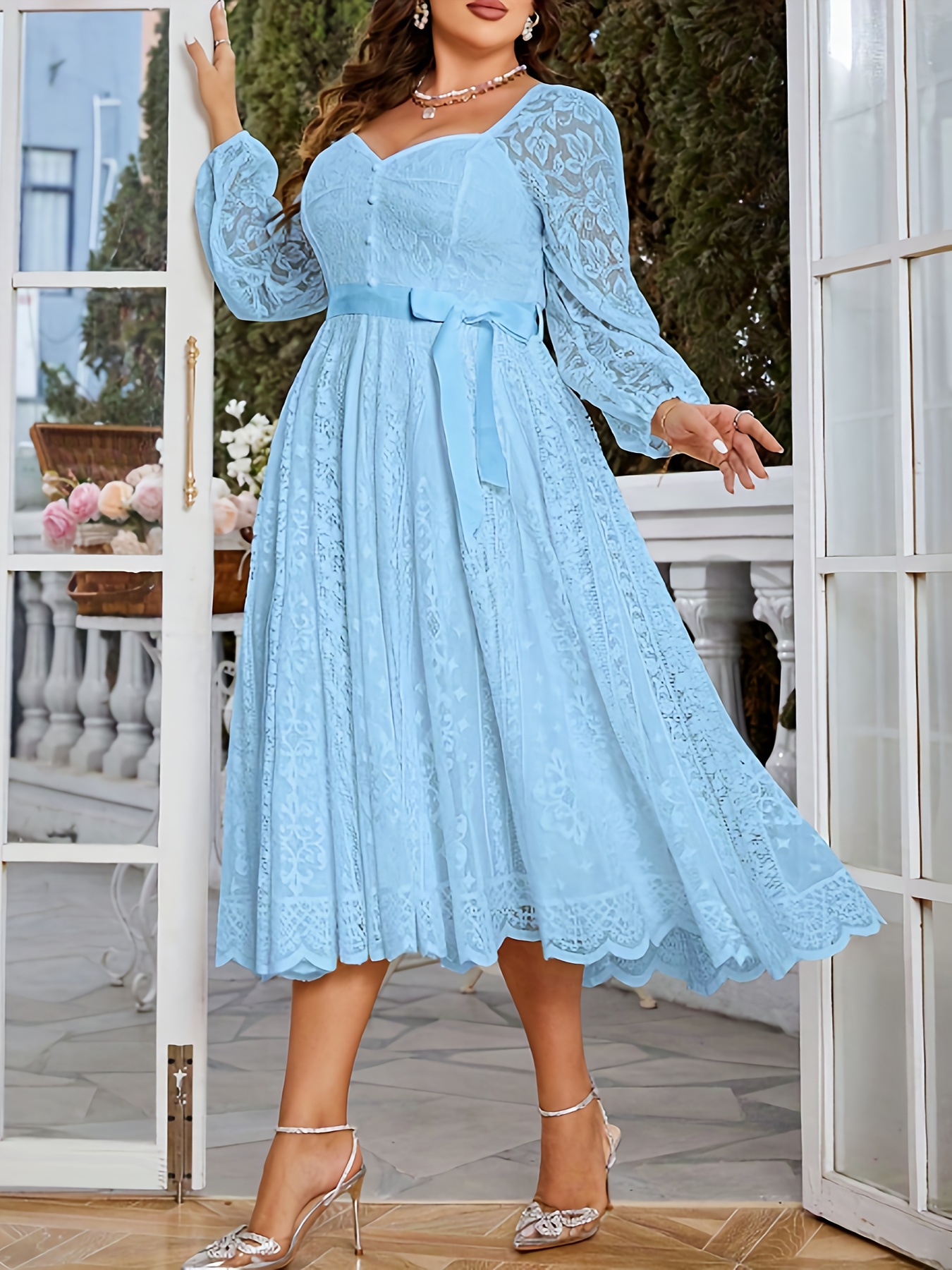 white lace high neck midi dress Floral Lace Long Sleeve Midi Dress L main image 0