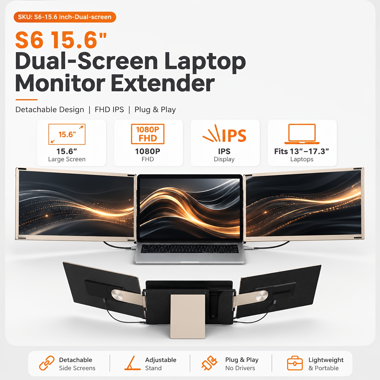 Laptop Screen Extender 14 / 15.6 Inch Dual Screen Portable Monitor, 1080P FHD IPS Screen, 178° Wide Viewing Angle, High Color Gamut, Plug And Play Three-Screen Expansion, Widely Compatible, USB-C/HDTV Video Output, Foldable External Monitor