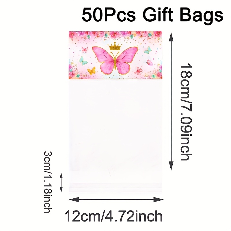 TEMU 30/50pcs Pink For Self Sealing Gift Bags, Pink Flowers Butterflies Design Clear Cellophane Treat Bags, Bulk Party Favor Bags For Theme Birthday