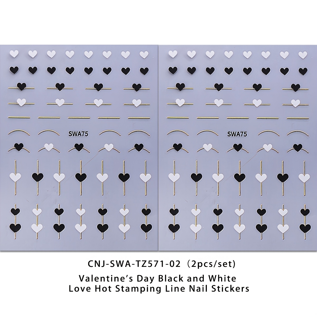 2 Valentine's Day Love Nail Stickers | Simple Black And White Thanksgiving Hearts With Hot Stamping Geometric Line Art Design, Glossy Pet, Self-adhesive, Suitable For Daily, Wedding, And Holiday Use