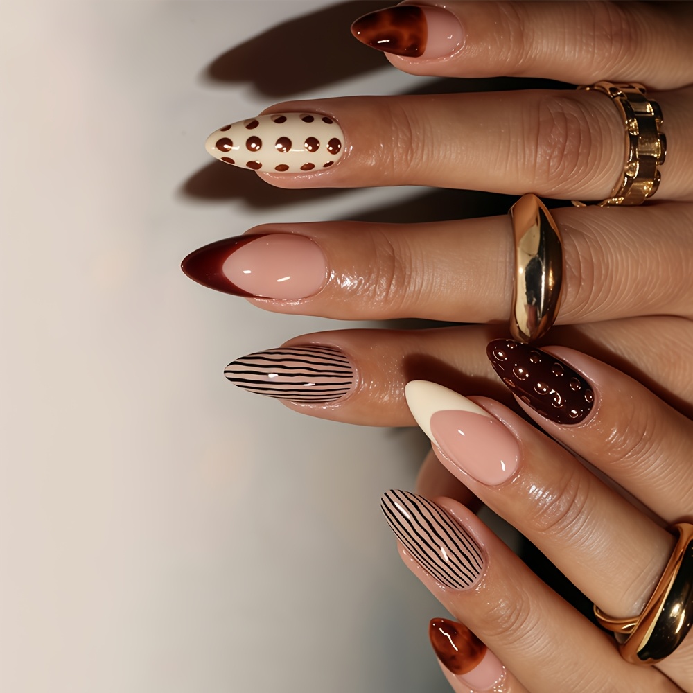 TEMU 30 stuks Medium Amandel Vormige Plaknagels Glanzende Retro Bruine Nepnagels, Schildpad Polka Dot Zwart Franse Stijl Herbruikbare Kunstmatige