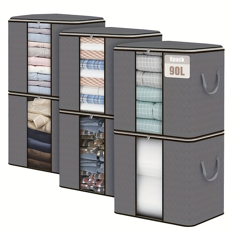 TEMU 6pcs, Large Storage Bags With Lids Reinforced Handles - Foldable Closet Organizers For Clothing, Quilt, Blankets, Bedding,, Wardrobe Storage