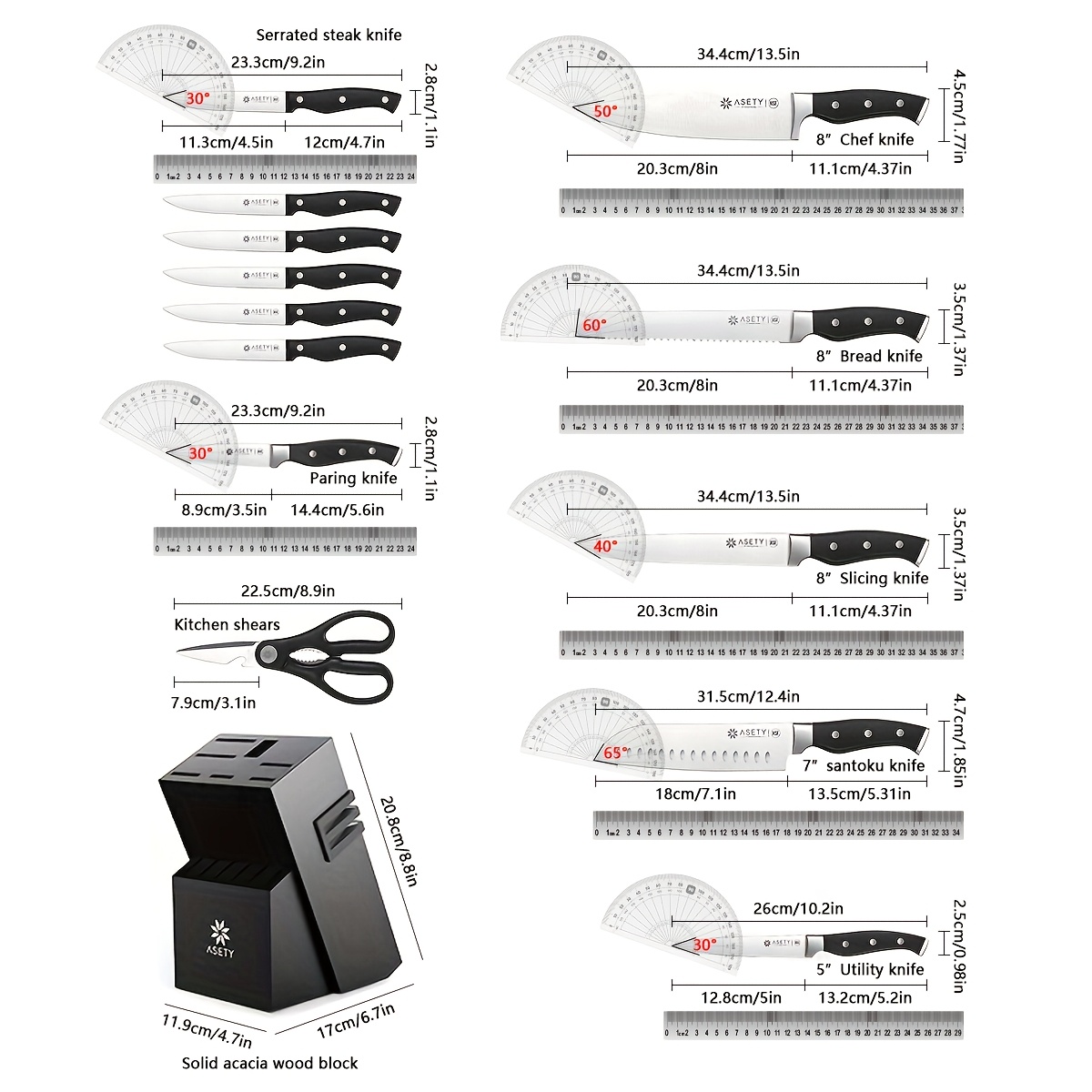 ASETY Knife Set, 15pcs Kitchen Knife Set with Built-in Knife Sharpener Block, GermanStainless Steel Knife Block Set, Full Tang Chef Knife Set, NSF Food Safe, Gift for Men And Women