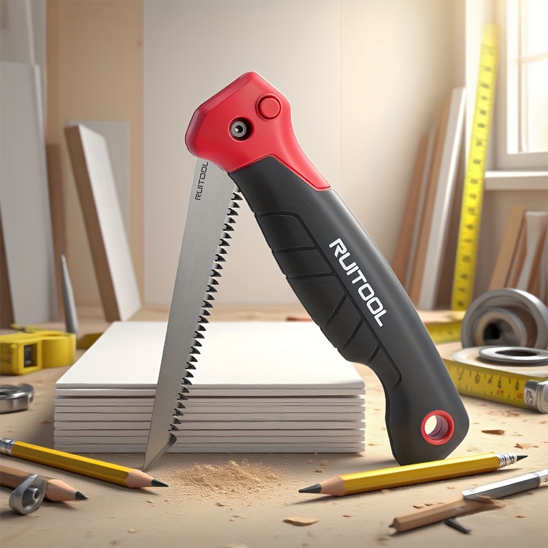 6 inch folding jab saw, 3-  tooth 8 tpi drywall cutter, safety lock non-slip grip, portable keyhole saw for drywall, wood board,   precise cutting, hand tool for decoration, diy projects, drywall cutting, compact saw, ergonomic grip, durable construction, sturdy material, hand saw, manual saw, construction workers, handyman tool Product details 9