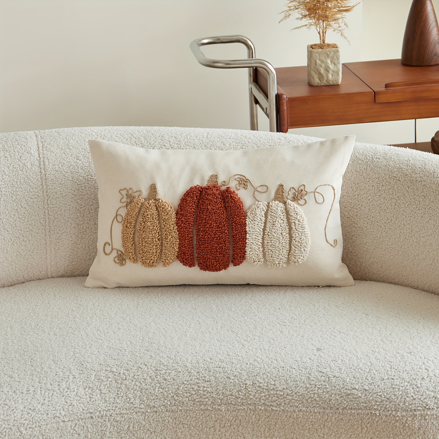 Image of 1pc, Thanksgiving Linen Pillowcase, Harvest Pumpkin Throw Pillow Covers, Single Side Embroidery, Suitable For Sofa, Living Room, Bedroom Home Decoration, No Pillow Core
