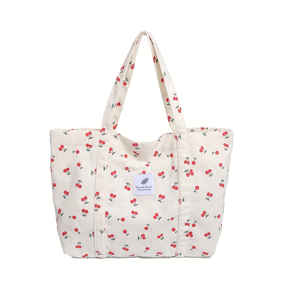 Women's Shoulder Bag | Large Capacity Corduroy Tote With Fruit Print, , Multiple Colors , Lightweight, Closure