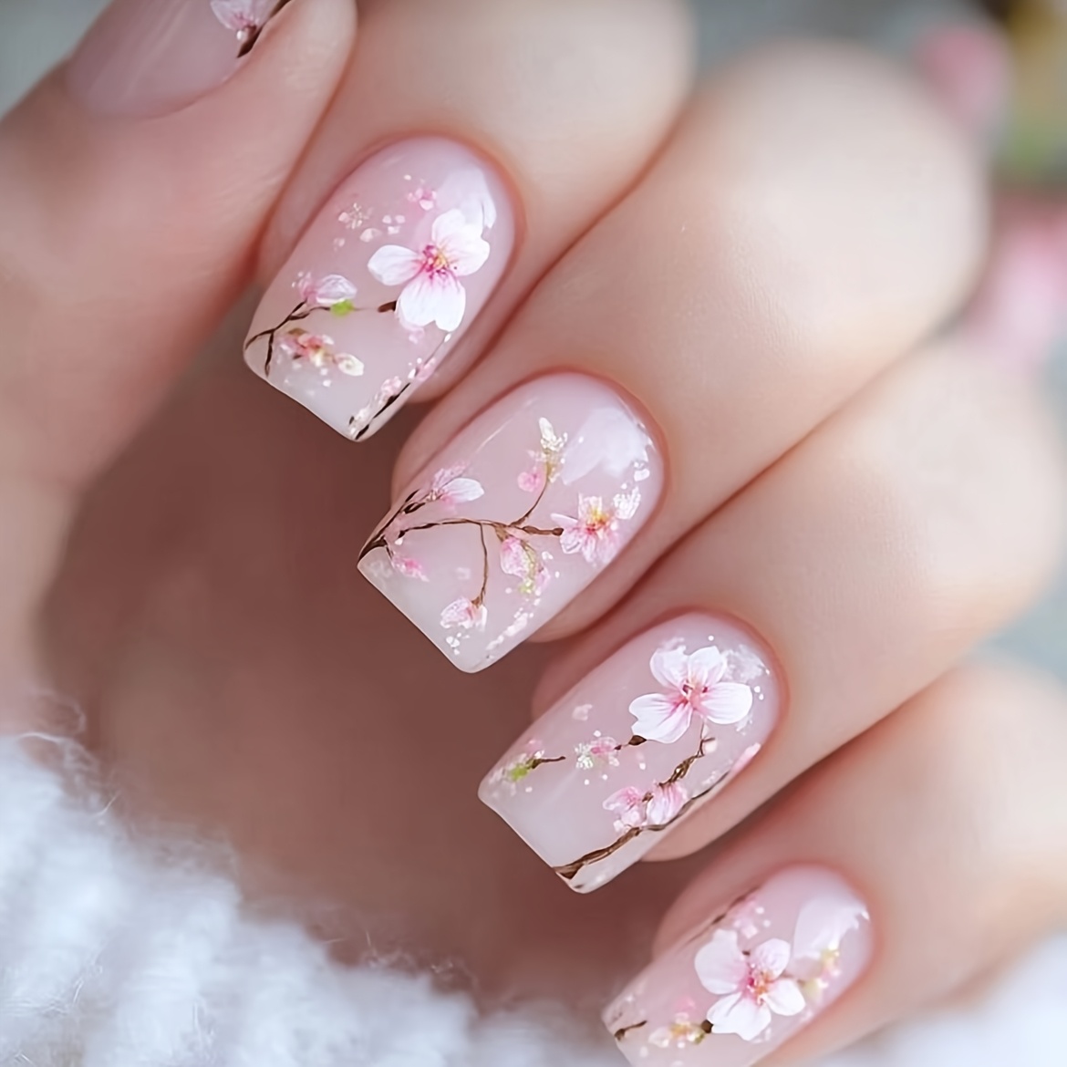 E-shop Nude Pink Transparente Soft Press-On Nägel, Handbemalte Kirschblüten Kurze Quadratische Nägel, Vielseitiger Alltagsstil