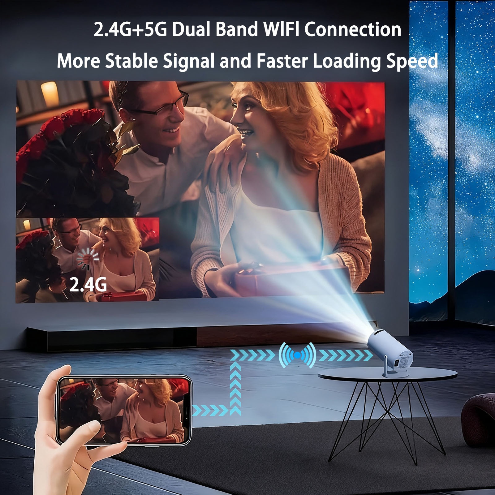 Smart Mini Projector with Android 11, Native 720P And 4K Support, WiFi 6 And BT5.0, Automatic Keystone Correction, Portable Projector for Home Theater, Outdoor Movies And Games