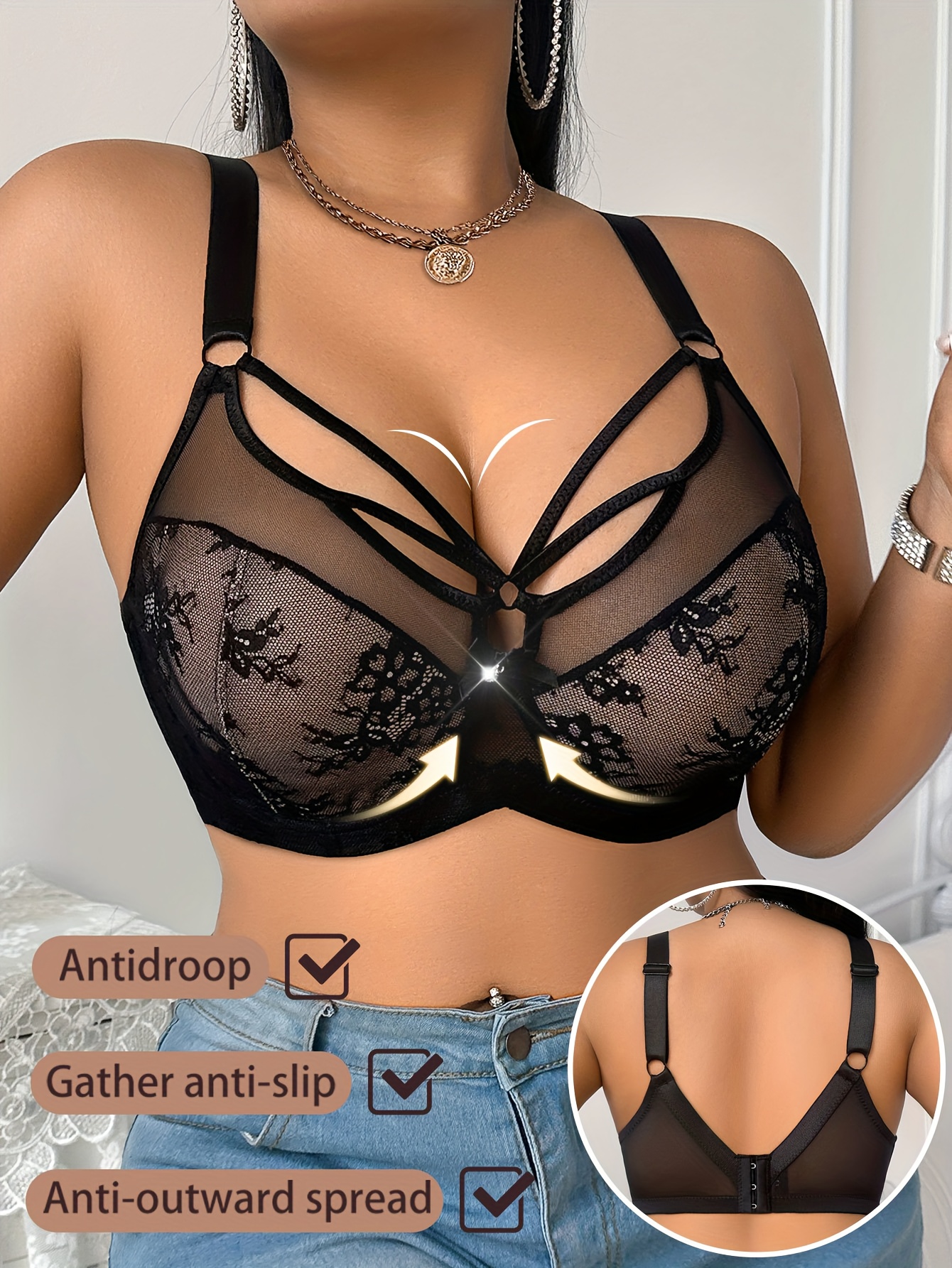   de encaje para mujer de talla   - elegante encaje floral  , sin relleno, aro interior de elasticidad media, dise&ntilde;o   y elegante para vestimenta casual, lencer&iacute;a c&oacute;moda | encaje floral |   de elasticidad media 5